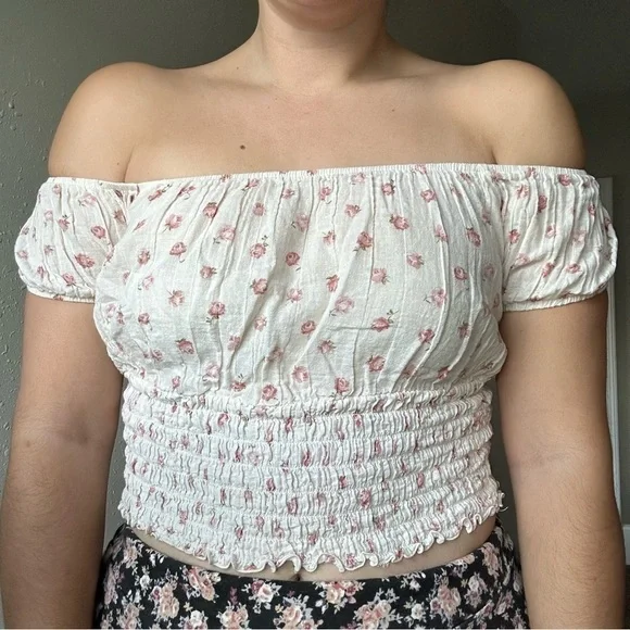 Star City Vintage Cream Floral Off the Shoulder Puff Sleeve Crop Top Large Boho - Picture 5 of 7